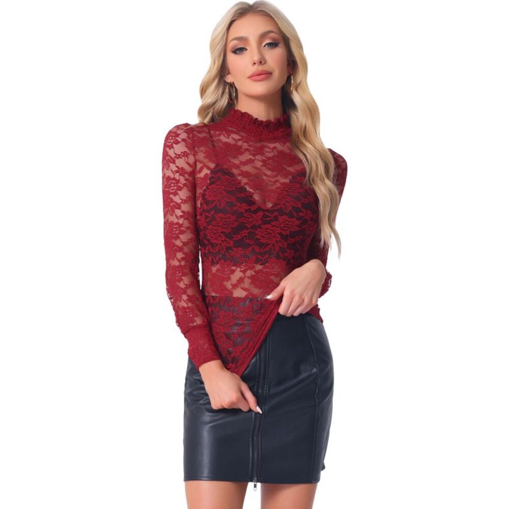See Through Stretch Tops Smocked High Neck Long Sleeve Lace Blouse Crimson